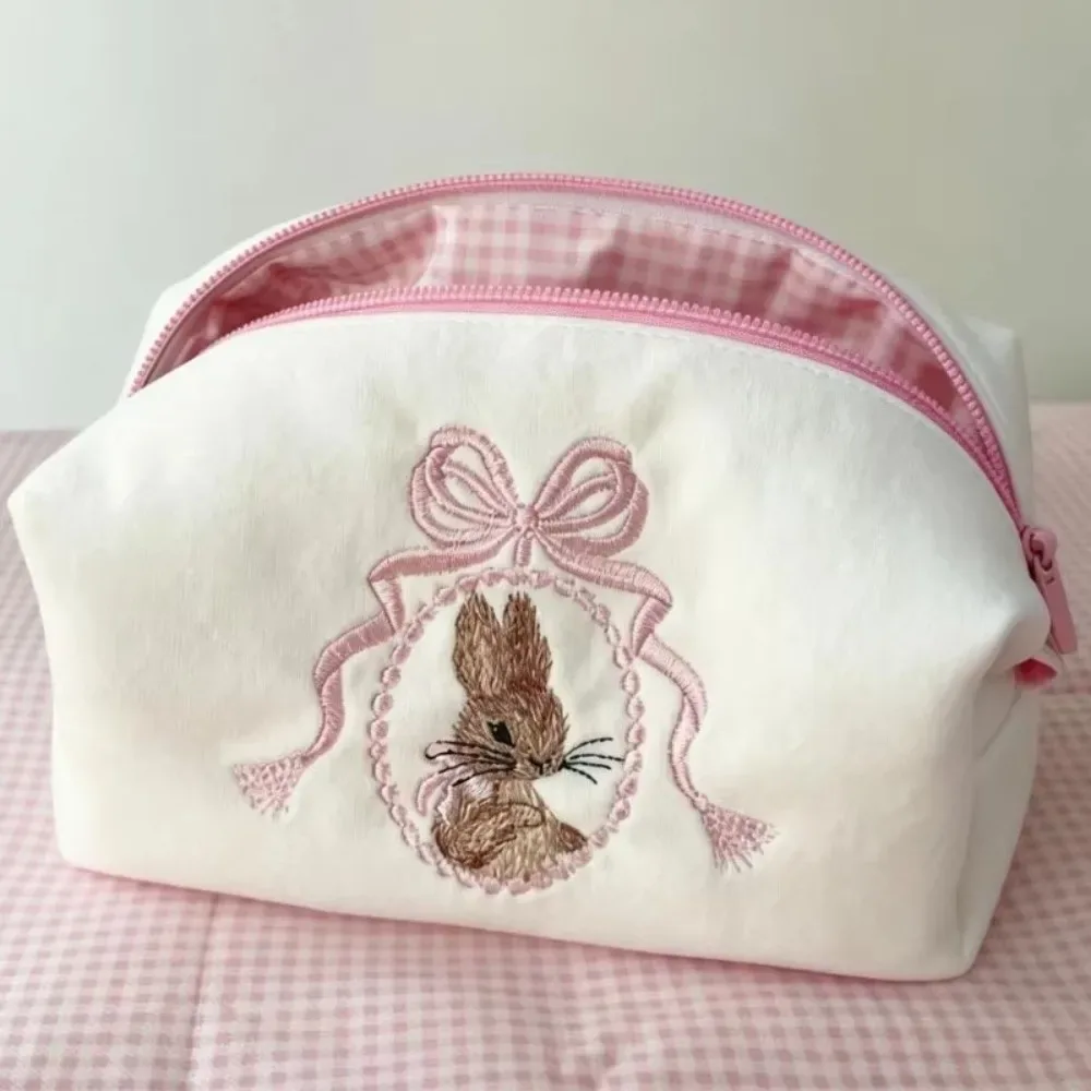 trousse de maquillage portable lapin avec nœud en dentelle grande capacité organisateur de maquillage fermeture éclair blanc rose trousse à crayons pour femmes et filles