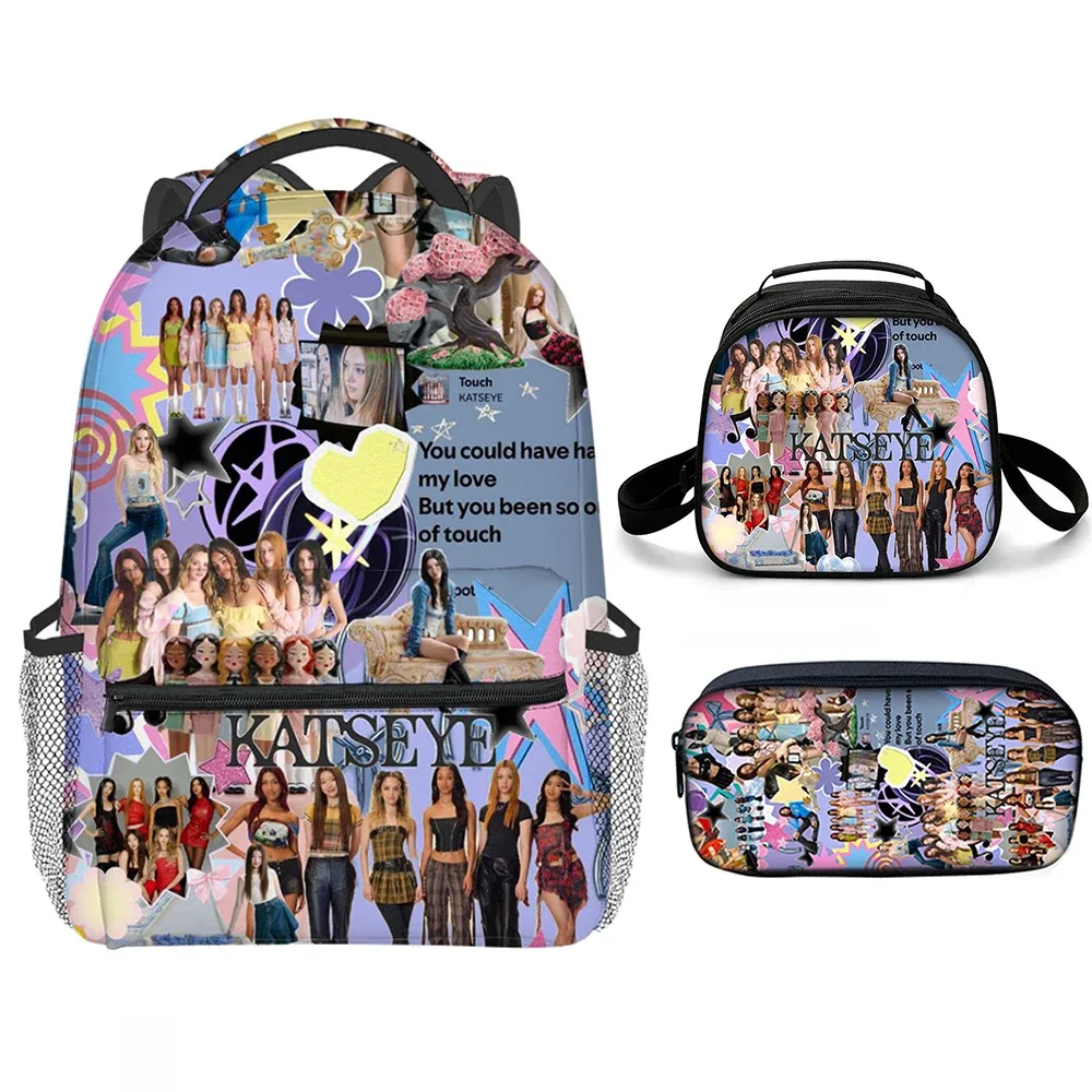 Sacs d'école classiques populaires et amusants avec impression 3D Katseye, 3 pièces/ensemble, sac à dos pour ordinateur portable, sac à dos de forme semi-circulaire, sac à déjeuner, trousse à crayons