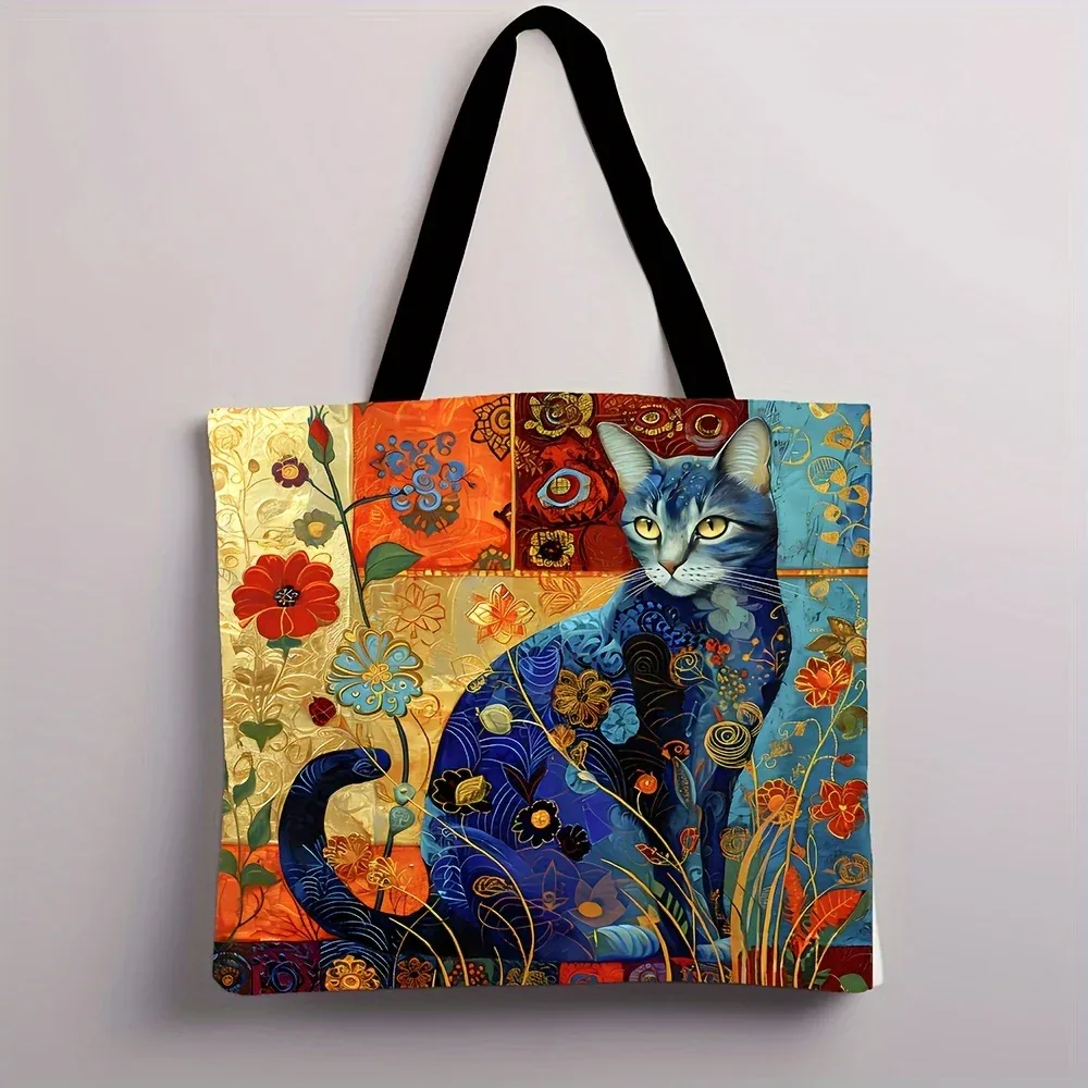 1pc abstrait chat sac fourre-tout mignon peculiar petit animal sac à bandoulière imprimé lin eco sac à main shopping bureau sacs décontractés réutilisables