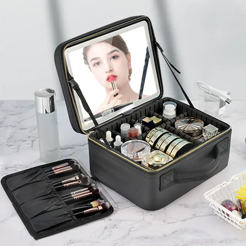 Trousse à cosmétiques intelligente LED avec miroir, trousse de maquillage de voyage, grande capacité, produit de soins de la peau pour esthéticienne féminine, étui de maquillage pour femmes