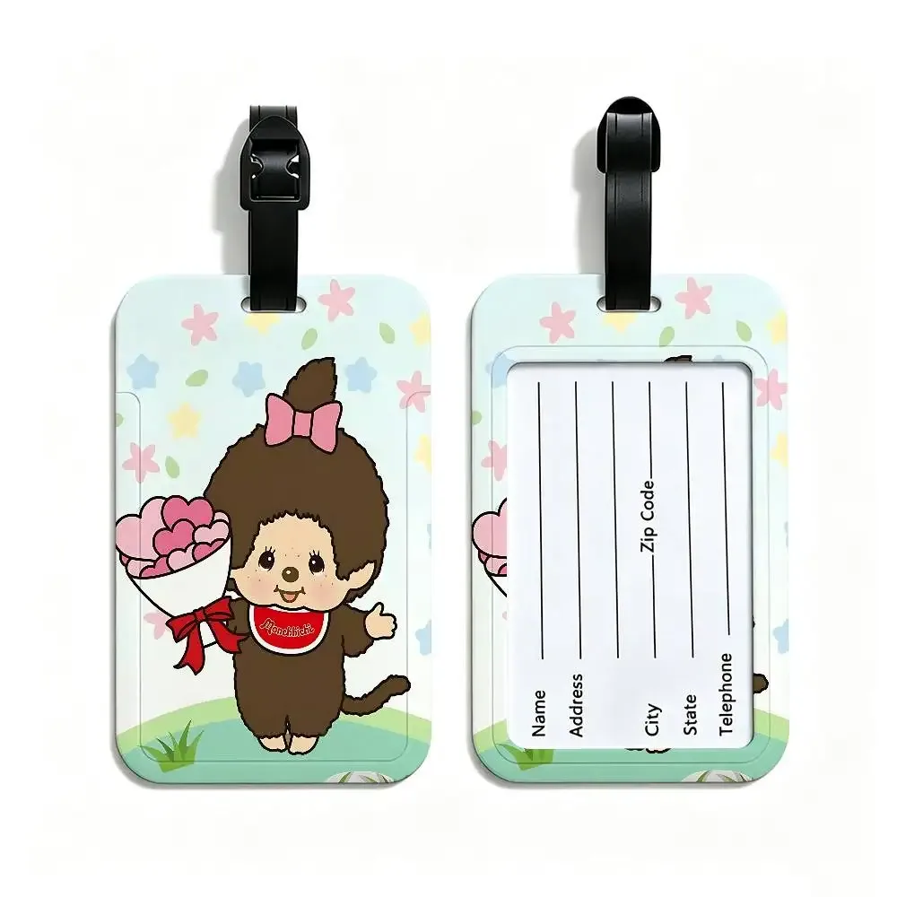 étiquette de bagage de voyage en pvc, motif dessin animé lawaii anime m-monchhichi, avec porte-carte d'informations et marqueur de nom anti-perte pour sac à dos.
