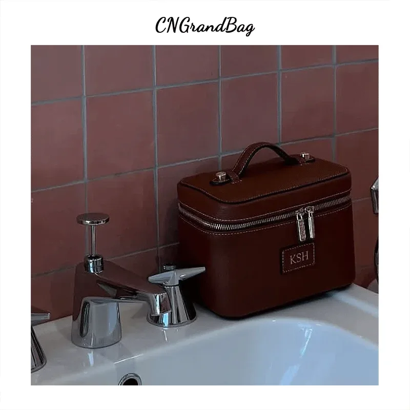 Trousse de Toilette de Voyage Personnalisable en Cuir Grainé pour Femme, Organisateur de Maquillage Portable Suspendable, Trousse de Toilette Cosmétique pour Femme