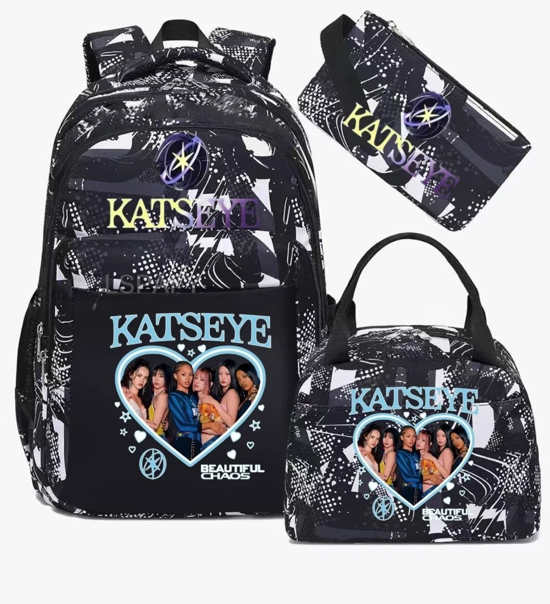 sacs d'école imprimés fashion katseye, ensemble de 3 pièces, sac à dos pour l'école primaire, garçons et filles, sac à dos de sport avec sac à lunch et trousse à crayons