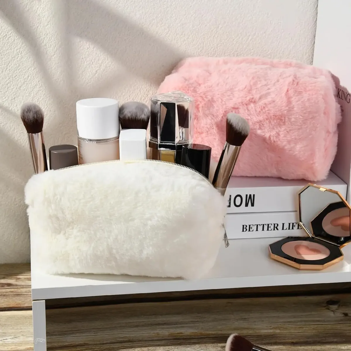 trousse de maquillage, trousse à cosmétiques mignonne en peluche rose blanc, pochette de maquillage, trousse de toilette de voyage, organisateur, sac de rangement gonflé pour femmes