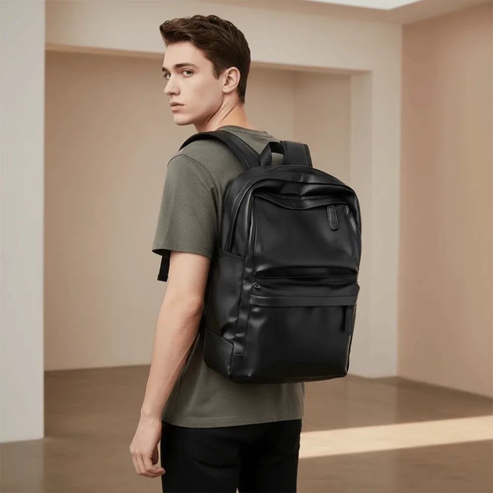 sac à dos en cuir pvc pour homme, bretelles rembourrées, poche zippée cachée, sac d'école pour ordinateur portable, résistant à l'eau, finition noire
