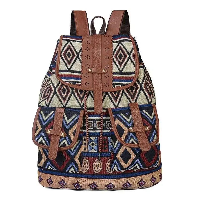 sac à dos tendance de grande capacité pour femmes, sac à dos décontracté avec cordon de serrage, motif géométrique, style national et exotique