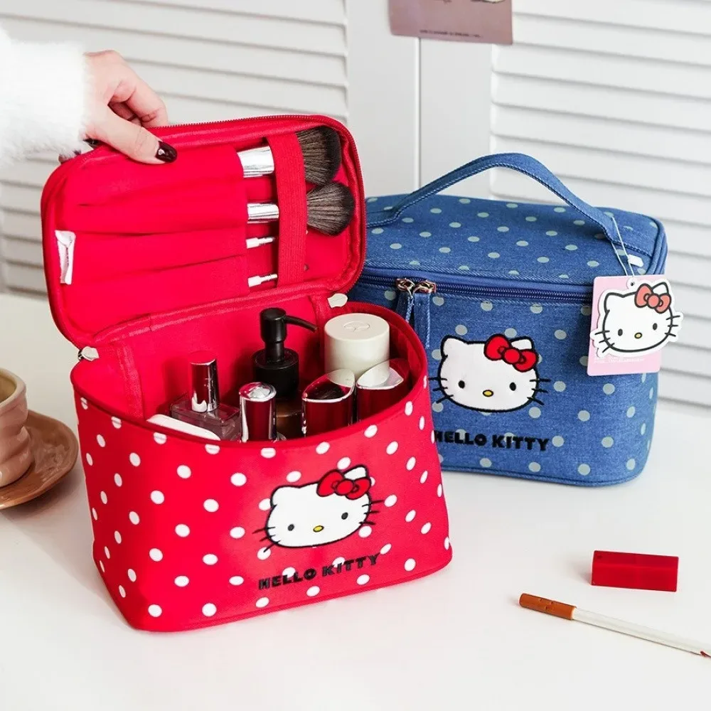 Sac de voyage portable Hello Kitty mignon, trousse de maquillage à pois chat, boîte de rangement cosmétique à compartiments de grande capacité