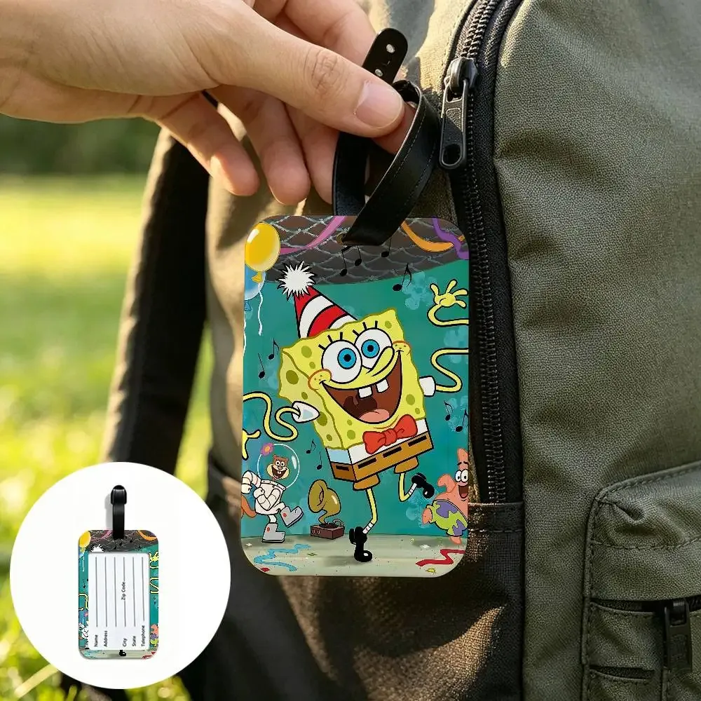 étiquette de bagage portable anti-perte en pvc, motif dessin animé mignon s-spongebob, porte-carte d'informations pour valise, sac à dos, étiquette de voyage