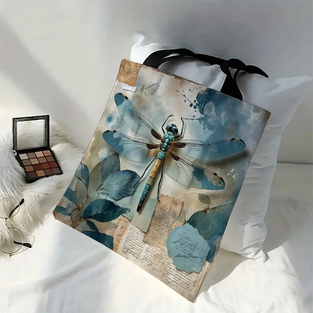 sac fourre-tout d'art libellule, sac à bandoulière de grande capacité, sac de courses réutilisable avec porte-monnaie en tissu de lin imprimé