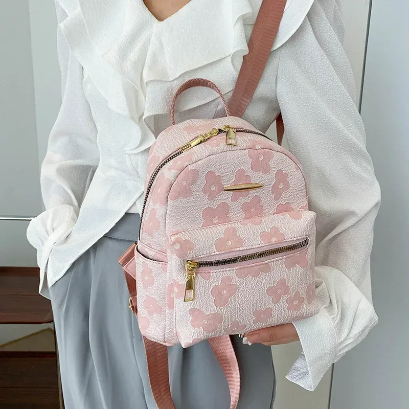 Mini petit sac à dos à bandoulière en cuir PU, pochette multifonction pour téléphone pour dames, sac à dos d'école imprimé floral pour dames