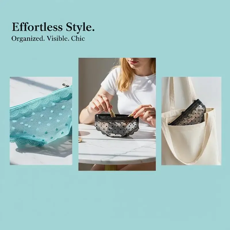 pochette cosmétique unique en dentelle et résille avec fermeture éclair élégante et portable pour un rangement pratique du maquillage et des articles personnels