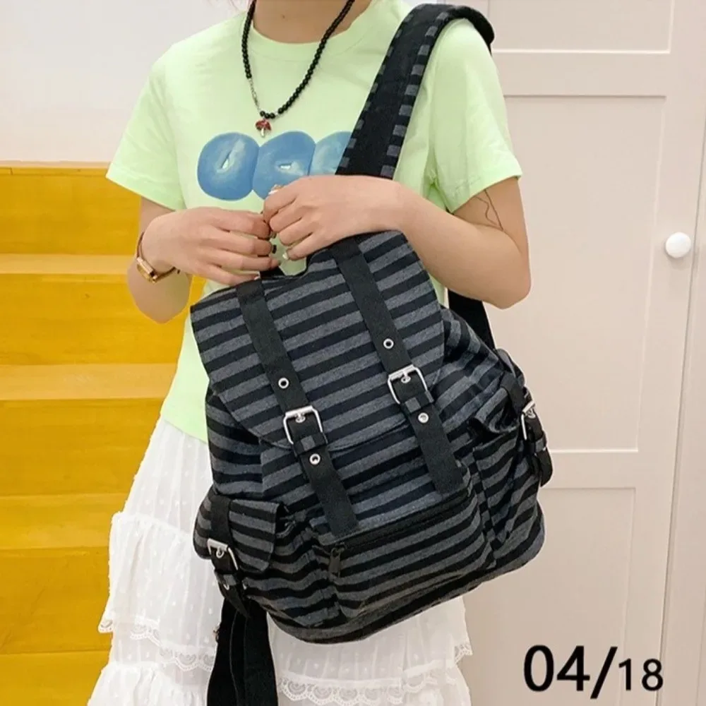 sac à dos décontracté à grande capacité, rayé, style coréen, multi-poches, sac d'école pour étudiants, nylon, y2k, sac de randonnée et de camping pour femmes