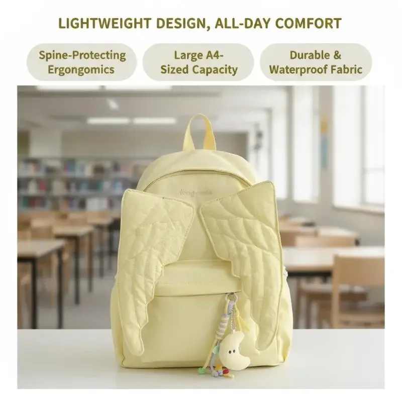 Sac à dos mignon avec ailes d'ange, sac matelassé de grande capacité, sac à dos décontracté et mignon pour adolescentes, femmes, école, voyage, usage quotidien