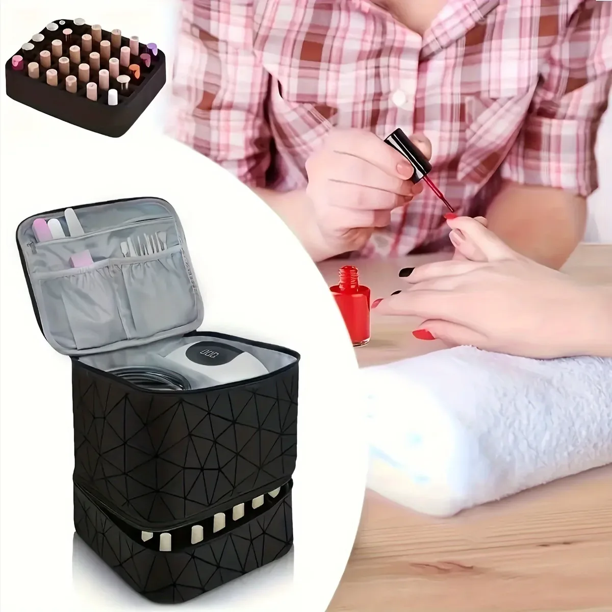 organisateur de vernis à ongles avec lumière uv intégrée, étui de transport double couche pour vernis à ongles, capacité de 30 flacons, sac de rangement, kit de manucure