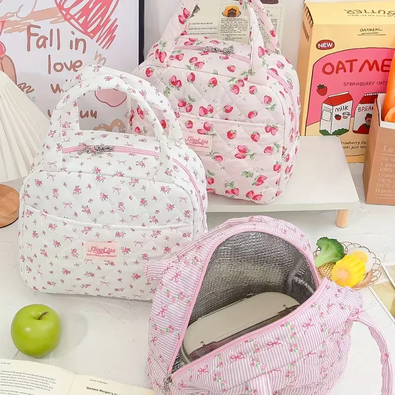 grande capacité - sac fourre-tout imprimé de jolies fleurs, fraises et cerises, pour garder les repas au chaud et au froid (non en contact avec les aliments)