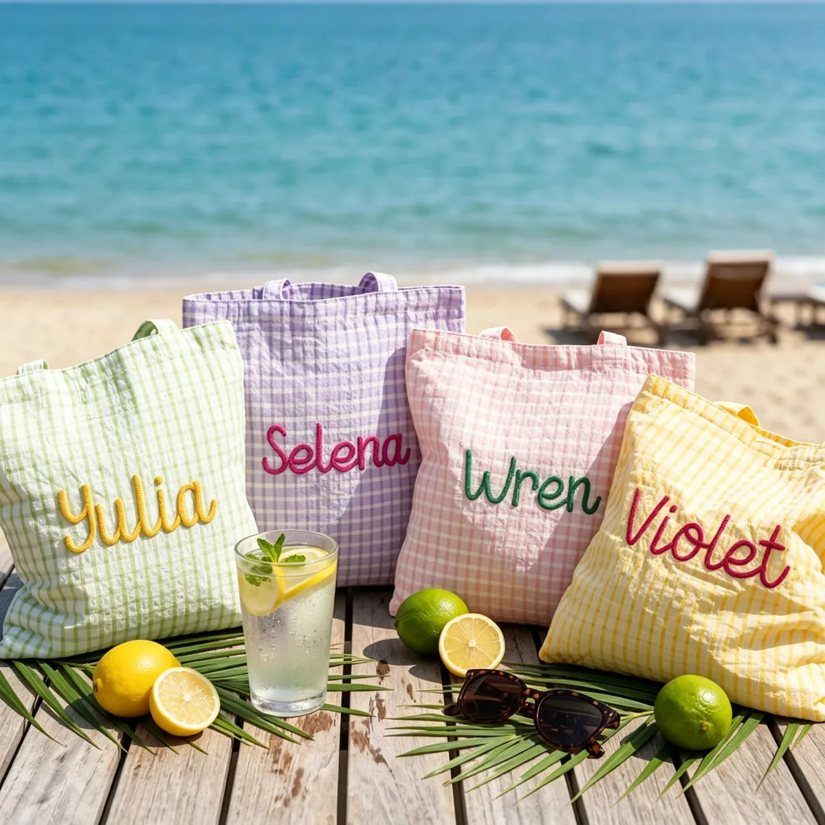 sac fourre-tout pour les vacances d'été, sac de plage à carreaux personnalisé, cadeau de fête d'enterrement de vie de jeune fille sur le thème du citron, sac fourre-tout personnalisé en chenille avec nom, pour filles