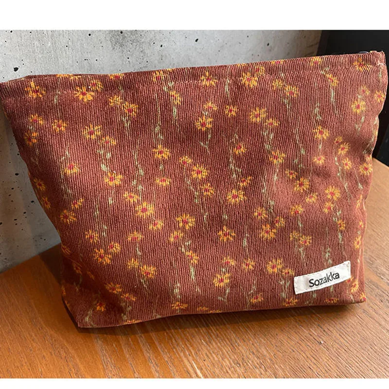 trousse de maquillage portable en velours côtelé pour femme, sac de rangement pour téléphone portable, trousse de maquillage pour fille, poudres, fleur vintage, voyage