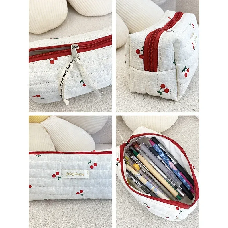 sac de rangement de voyage en coton matelassé pour femmes, sacs à cosmétiques rétro cerise, design mignon, trousse à crayons pour filles, trousse de maquillage, sacs à main