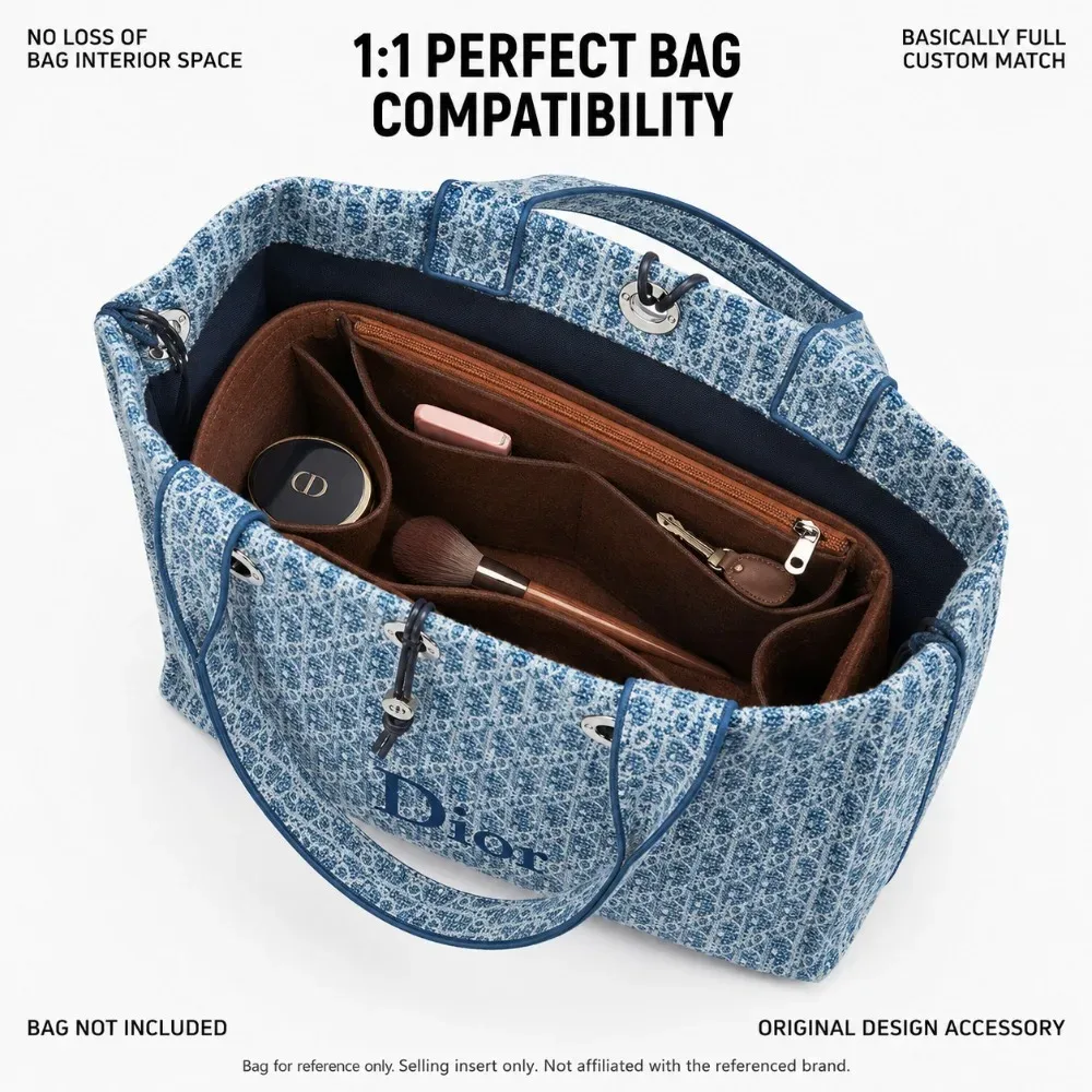 organisateur de sac à main en feutre marron avec poche zippée, doublure multi-compartiments pour sac fourre-tout, pour le travail, les voyages, le rangement (sac non inclus)