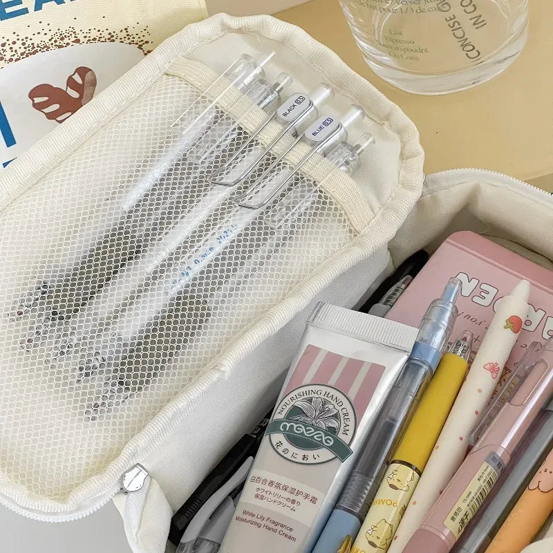 trousse à crayons en tissu doux matelassé, couleur unie, avec fermeture éclair, sac de rangement portable multi-usages pour étudiants et maquillage