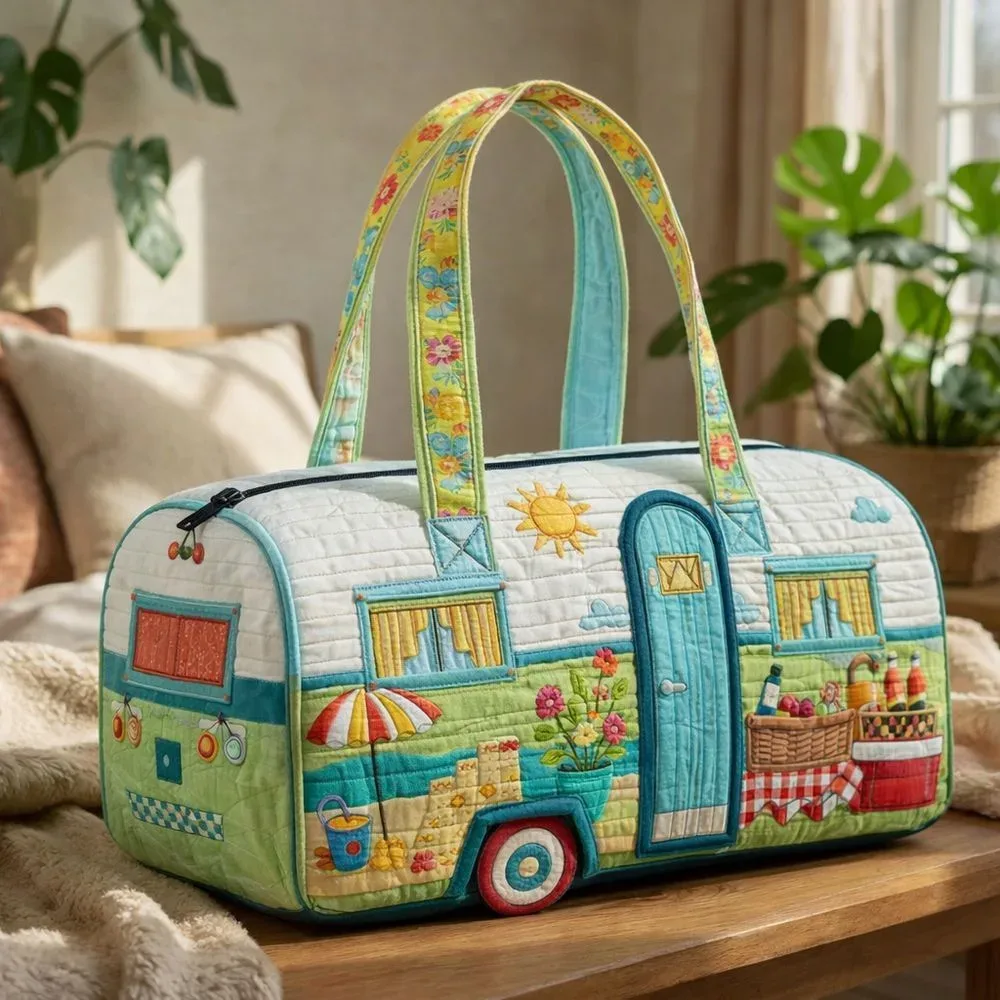 sac de voyage matelassé à bretelles réglables, en forme de voiture de camping, grande capacité, imprimé, pour la gym, le camping, la plage et les activités de plein air
