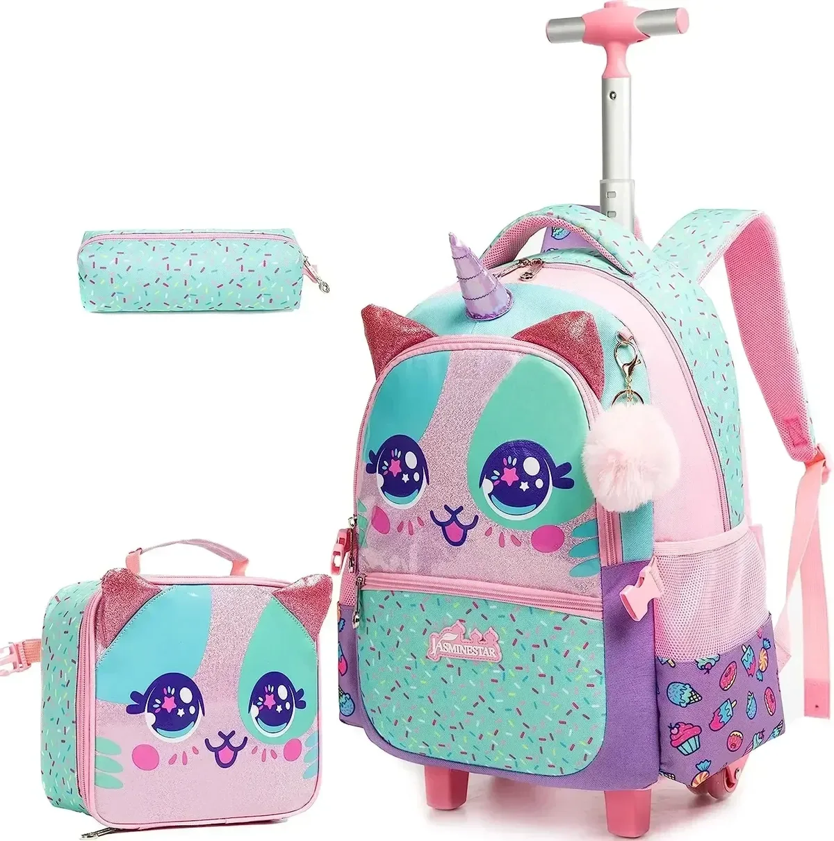 sac à dos roulant 3 pièces pour filles, avec roulettes pour élèves du primaire, sac à bagages à main 3 en 1, valise de voyage pour enfants