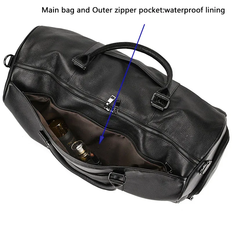 sac de voyage en cuir véritable de grande capacité pour hommes et femmes, en cuir de vache noir souple, polochon de voyage décontracté, grand sac à bandoulière pour week-end