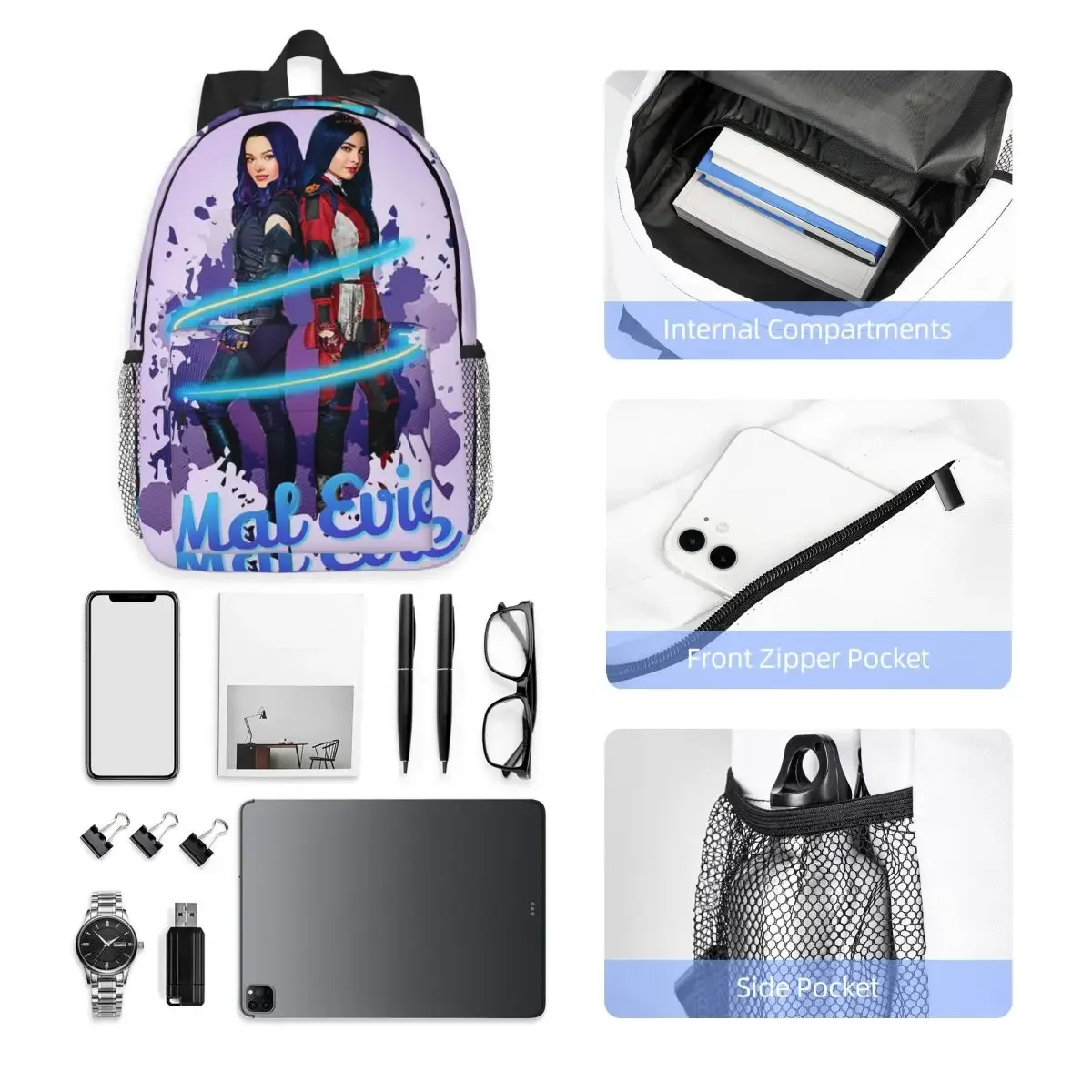 mal et evie forever descendants 3 sac à dos étudiant garçons filles bookbag enfants sac d'école ordinateur portable sacs à bandoulière pour hommes femmes