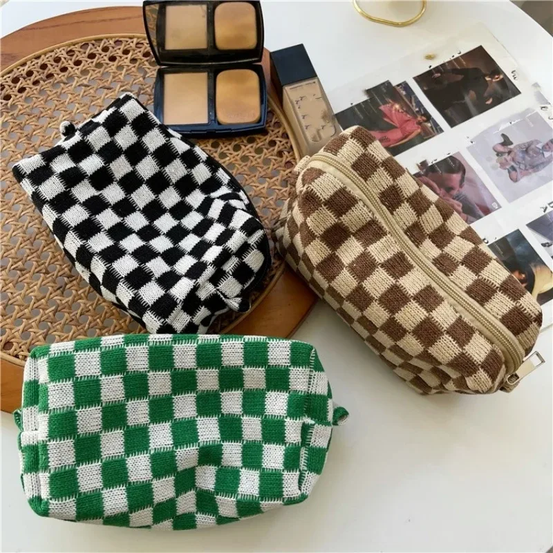 Trousse de toilette en coton, trousse de maquillage pour femmes, design à carreaux, trousse de maquillage portable, jolie trousse à crayons, organisateur de cosmétiques pour voyage