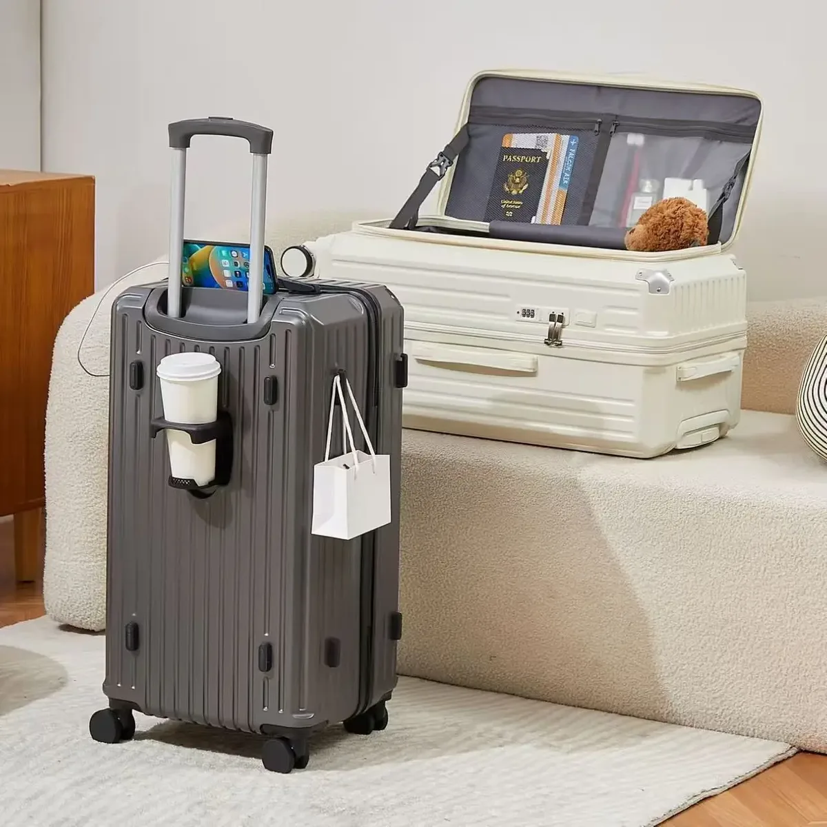valise à ouverture latérale avec porte-gobelet usb, valise épaisse et durable, grande capacité, valises de voyage 36 pouces, 20/26/30/32 pouces