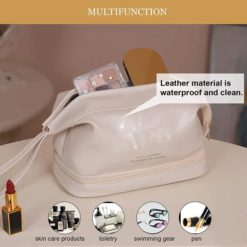 trousse de maquillage en cuir imperméable pour femmes et filles, grande trousse à cosmétiques double couche, trousse de toilette portable, trousse de rangement de maquillage, trousse de voyage