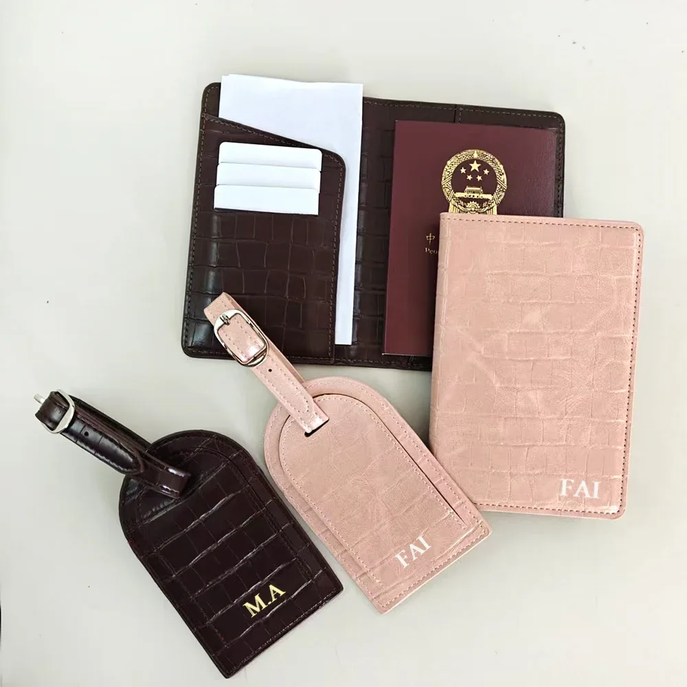 ensemble de porte-passeport et étiquette de bagage en cuir pu, motif crocodile, personnalisable avec lettre, accessoires de voyage de luxe