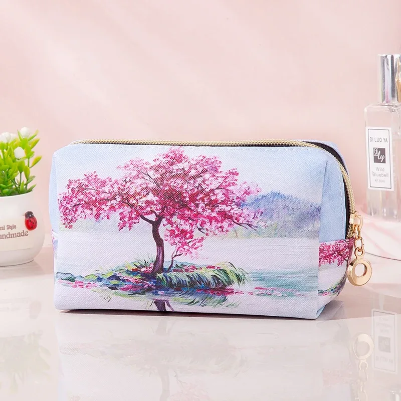 sac cosmétique imperméable en pu de style peinture à l'huile, sac de rangement portable de grande capacité, sac de maquillage multifonctionnel