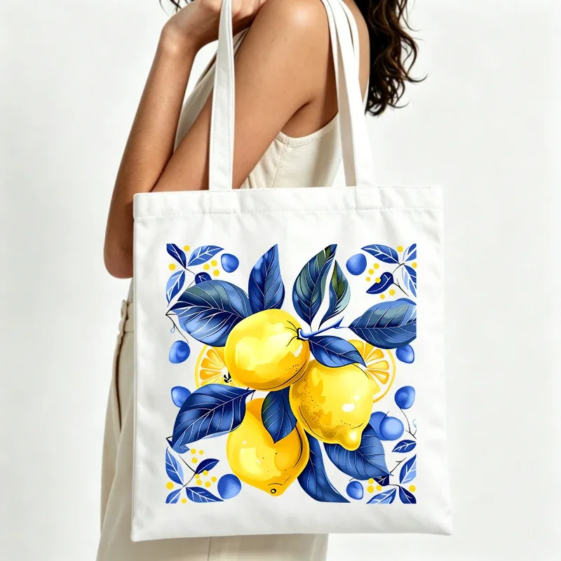 sac fourre-tout en toile imprimé citron et feuilles bleues, style décontracté pour les courses estivales et les sorties quotidiennes