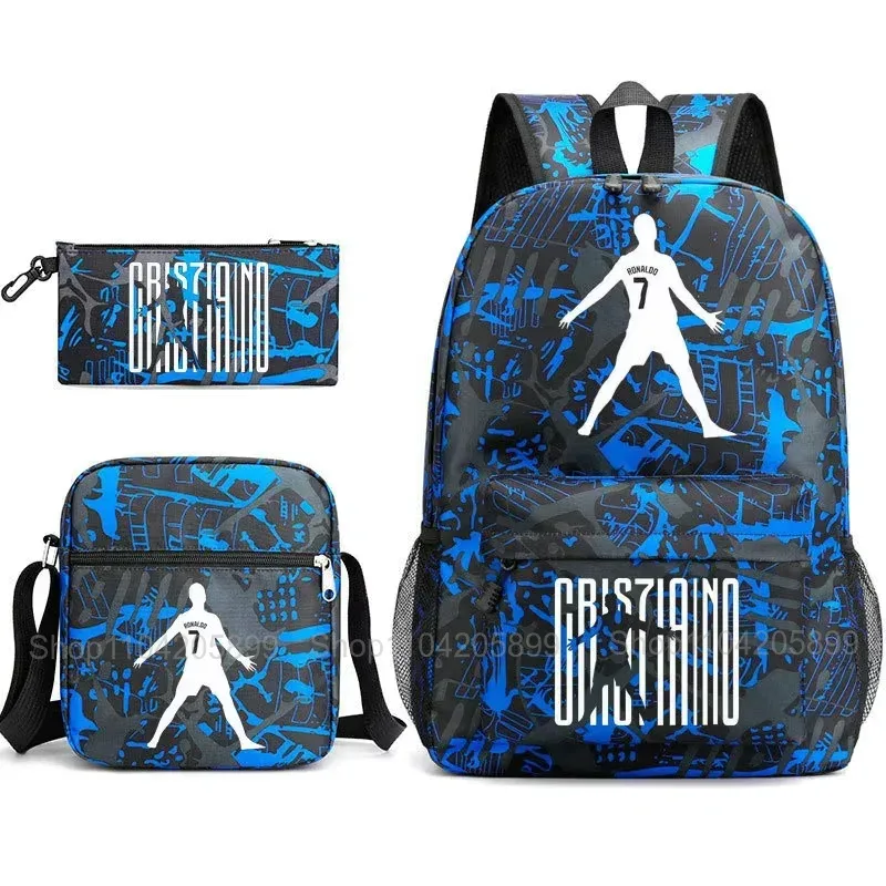 sacs à dos cr7 ronaldo pour garçons et filles, 3 pièces, sacs d'école, sac à bandoulière, trousse à crayons, capacité pour ordinateur portable, sac à dos de voyage quotidien, cadeau