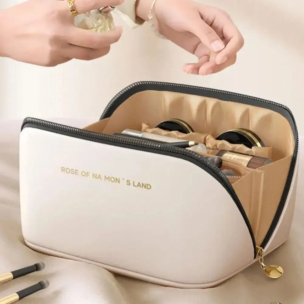 sac de maquillage portable tendance, sac cosmétique en pu, sac de toilette multi-compartiments grande capacité