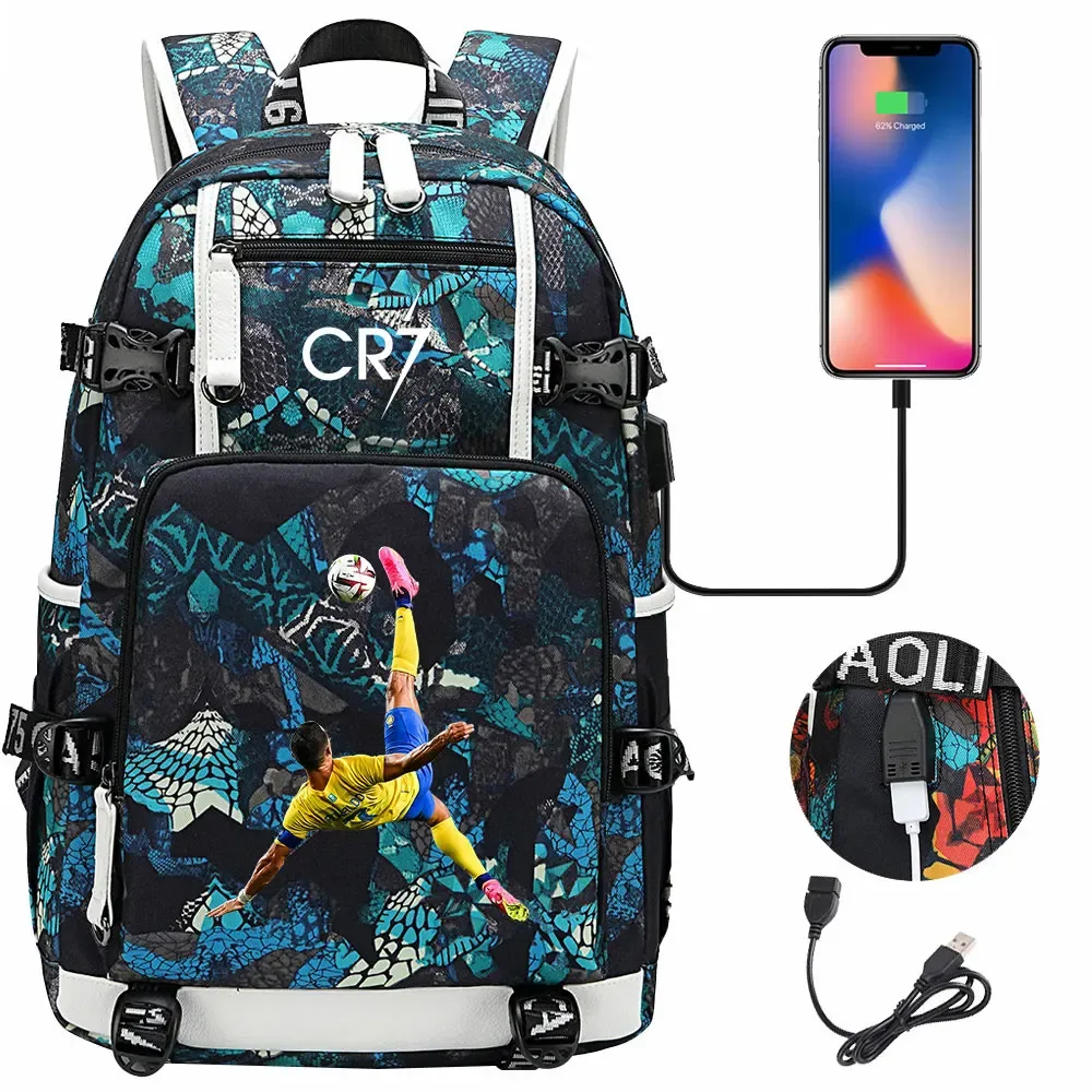 football star cr7 usb adolescents étudiant cartable femmes hommes ordinateur portable voyage sport sac à dos fille garçons enfants retour à l'école livre sacs