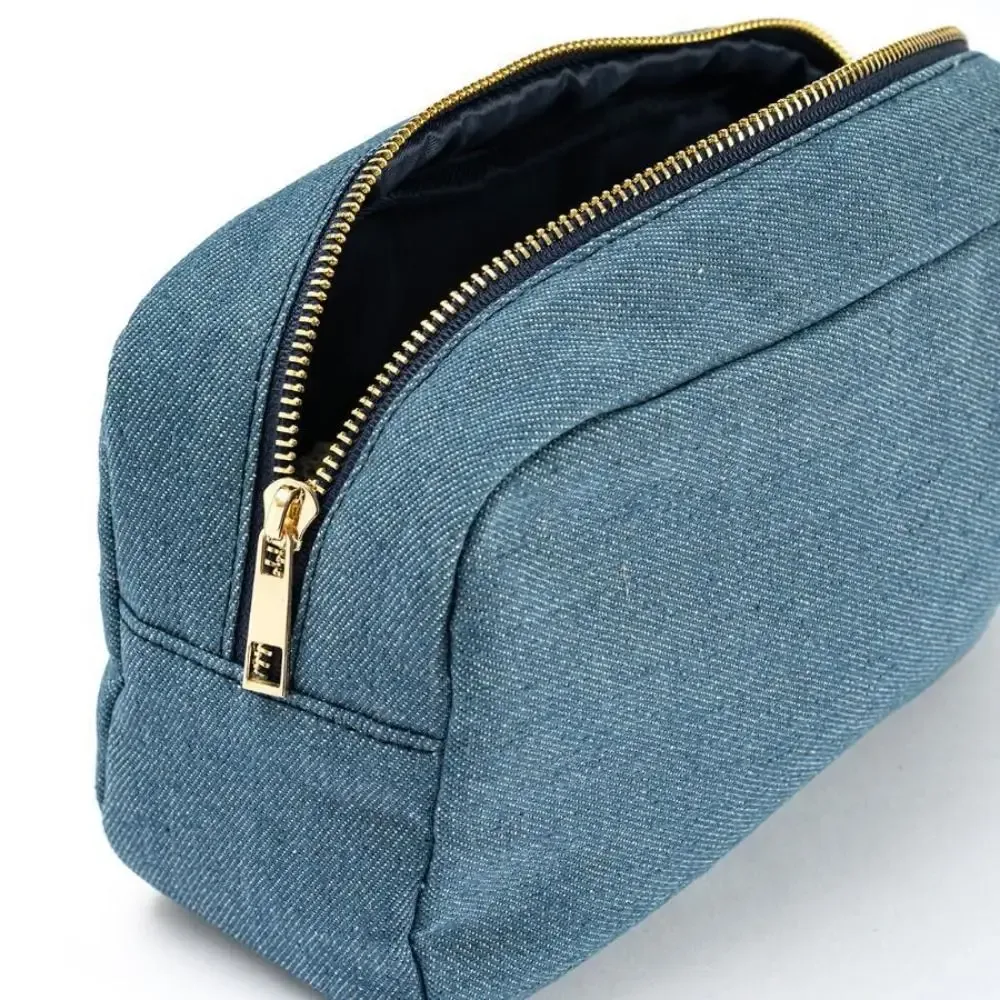 pochette cosmétique en denim bleu avec fermeture éclair, 4 tailles, sac de rangement vintage pour voyage, organisateur de papeterie de couleur unie, trousse de maquillage pour femmes