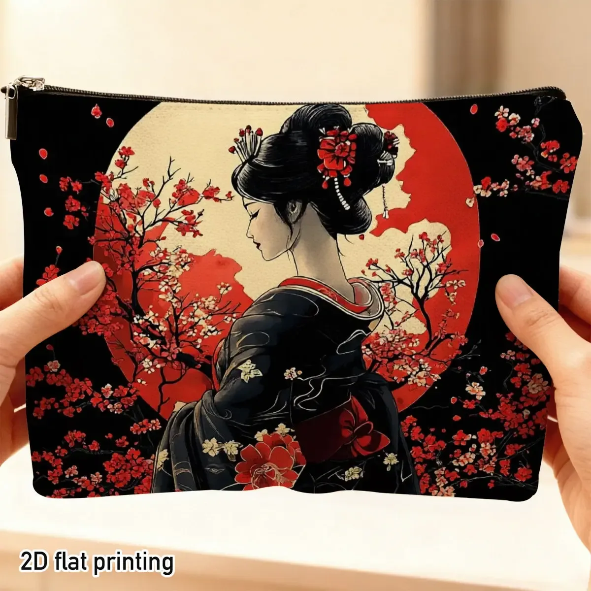 1 pièce trousse de maquillage style japonais geisha motif fleurs de cerisier, élégante, imprimé floral lune rouge, pour voyage, articles de toilette, rangement quotidien de produits de beauté, cadeau