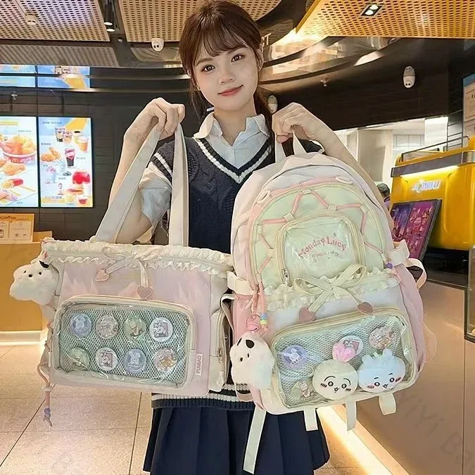 sac à dos ita bag kawaii, sac à bandoulière, ensemble de deux pièces, sac à dos scolaire pour badges et épingles d'anime, sacs à dos transparents pour étudiants