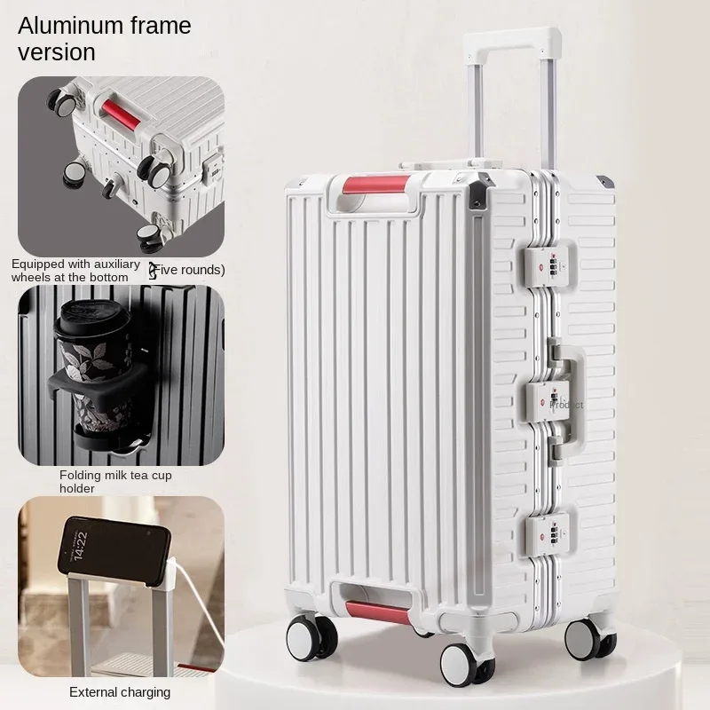 valise à cadre en aluminium à cinq roues, 30 pouces, cabine multifonctionnelle, mot de passe, boîtier de chariot, bagages avec porte-gobelet usb