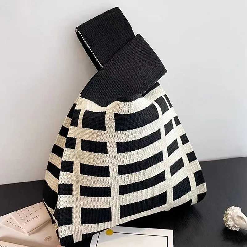 sac à main en tricot fait à la main pour femme, mini sac de poignet à nœud, sac fourre-tout à carreaux à large rayure, sacs à provisions réutilisables pour étudiants, document décontracté japonais