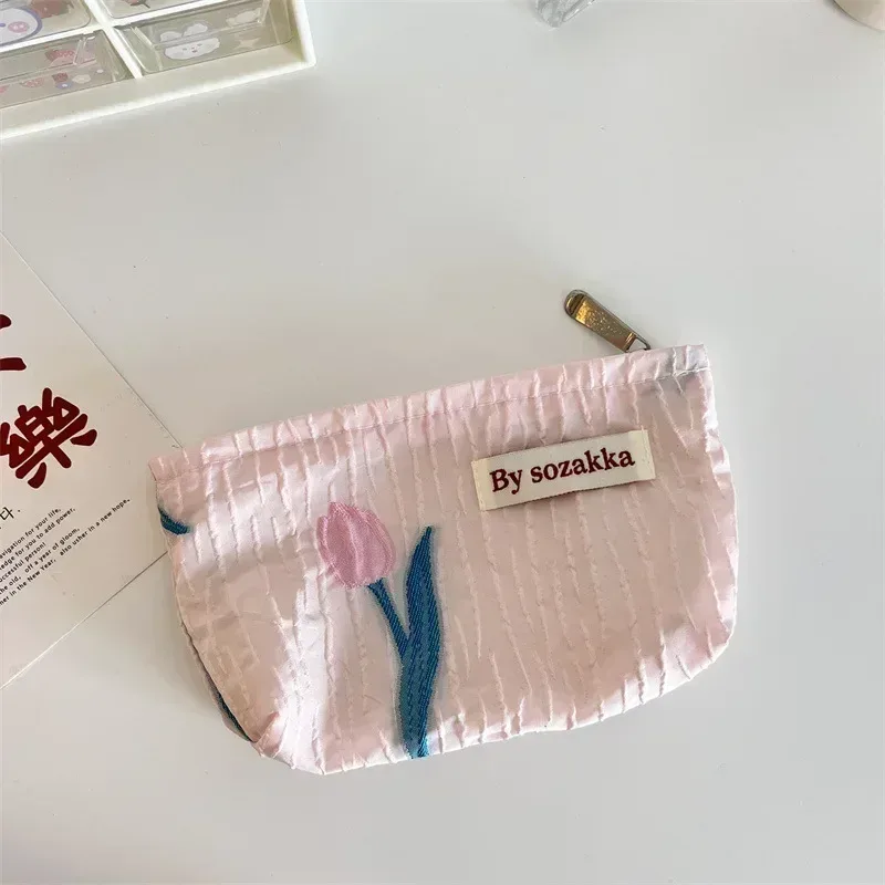 trousse de maquillage imprimée de fleurs 3d pour femmes, petit sac cosmétique, pinceaux de maquillage, rouge à lèvres, trousse de rangement mignonne, style coréen