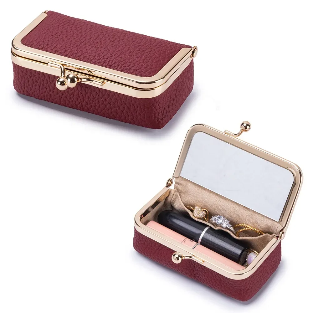 pochette à rouge à lèvres portable avec miroir de maquillage, sac à bijoux en cuir exquis, anti-éclaboussures, sac cosmétique multifonctionnel, rangement