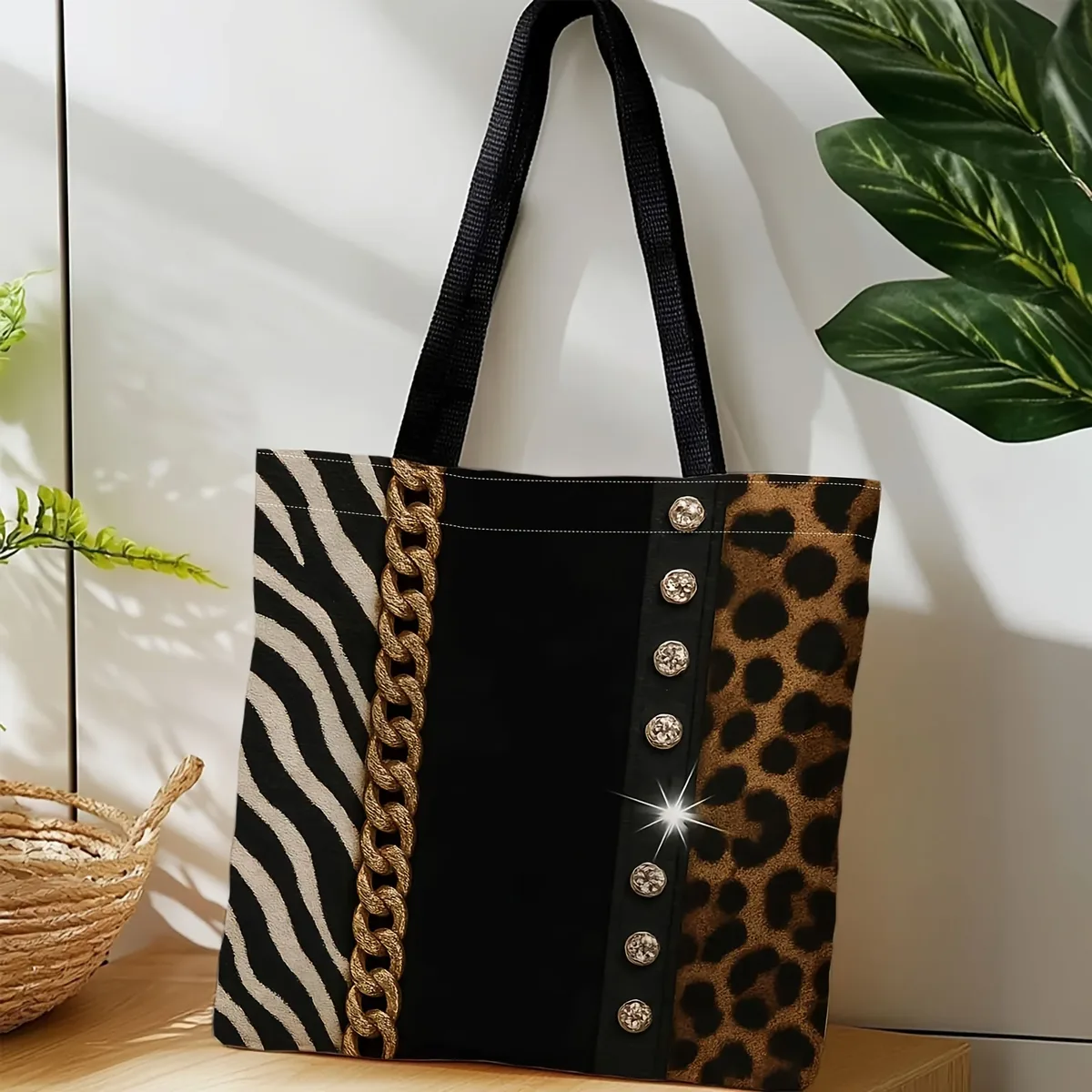 sac fourre-tout grande capacité durable avec chaîne dorée, imprimé léopard et zèbre, idéal pour les voyages, le shopping quotidien et les sorties printanières