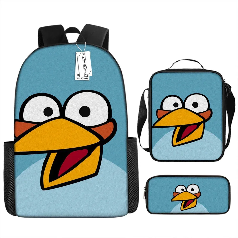 sacs d'école de luxe originaux et cool avec impression 3d angry birds, 3 pièces/ensemble, sac à dos pour ordinateur portable, sac à déjeuner, trousse à crayons