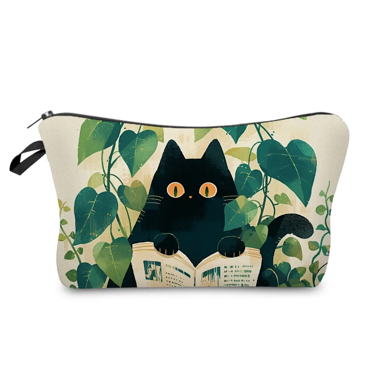 sacs de maquillage college chat noir pour femmes, sacs de rangement portables de voyage, impression d'animaux kawaii décontractés, sacs à cosmétiques double face avec fermeture éclair