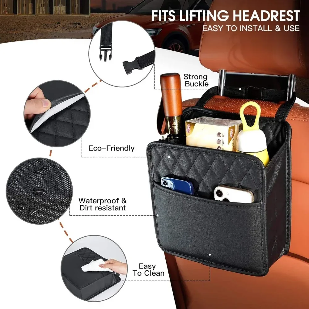 sac de rangement universel pour siège de voiture, en cuir imperméable, organisateur suspendu multifonctionnel, pliable, poubelle intégrée, grande capacité
