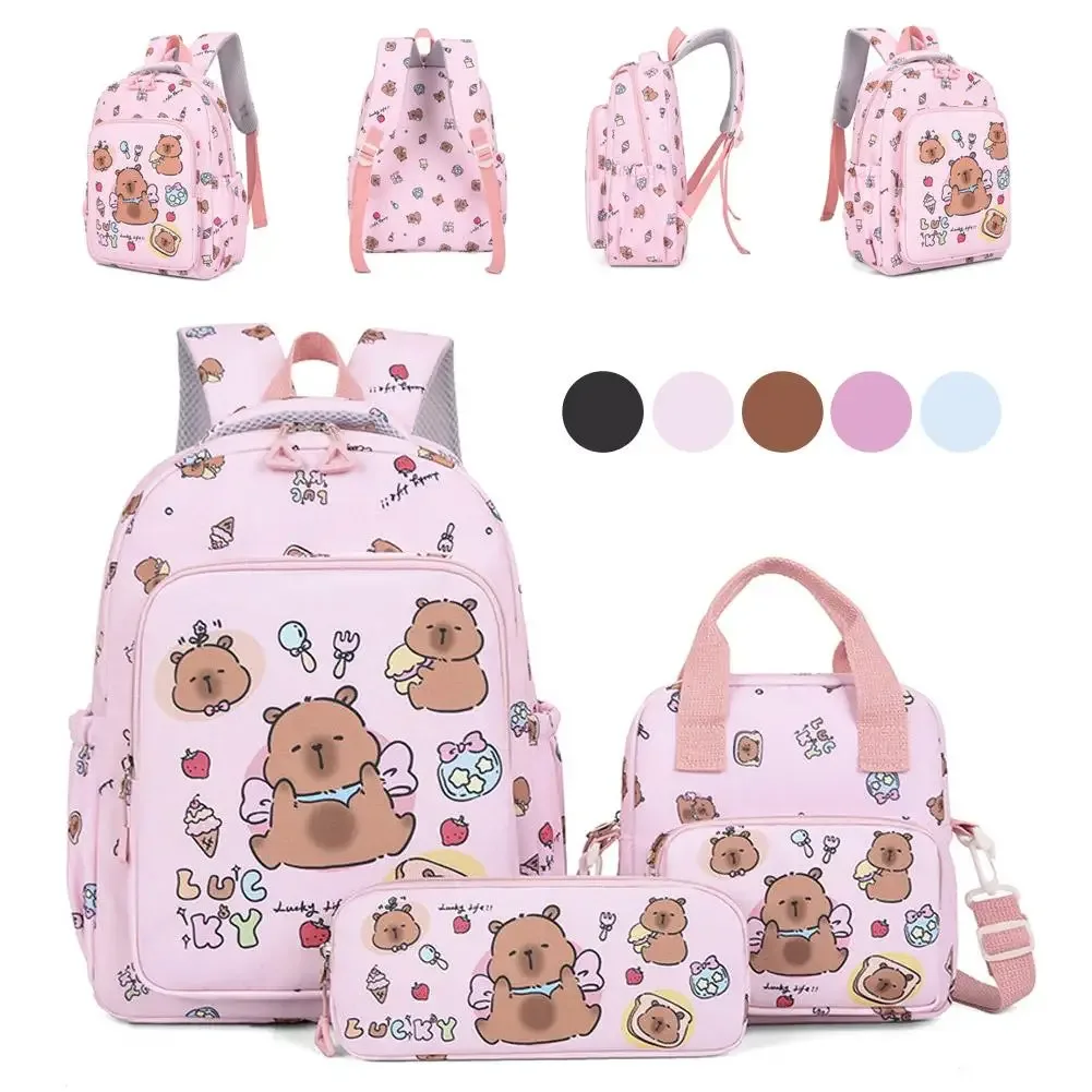 3 pièces/ensemble kawaii capybara sac à dos grande capacité dessin animé adolescent mode nylon léger sac à dos ensemble