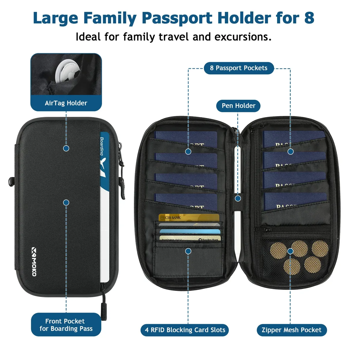 porte-passeport familial moko pour 8 personnes, portefeuille de passeport avec blocage rfid, trou pour airtag et bandoulière, organiseur de documents de voyage